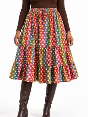 LIVRO Skirt Large 100% Cotton Tiered Geometric Print Pink Drawstring Midi Lined